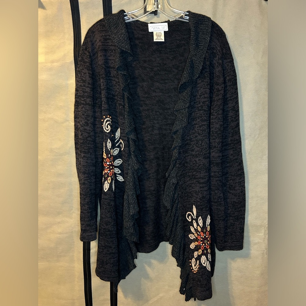 Mandal Bay Cardigan Gray Womens XL Ruffles‎ Embroidered Embellished Sweater